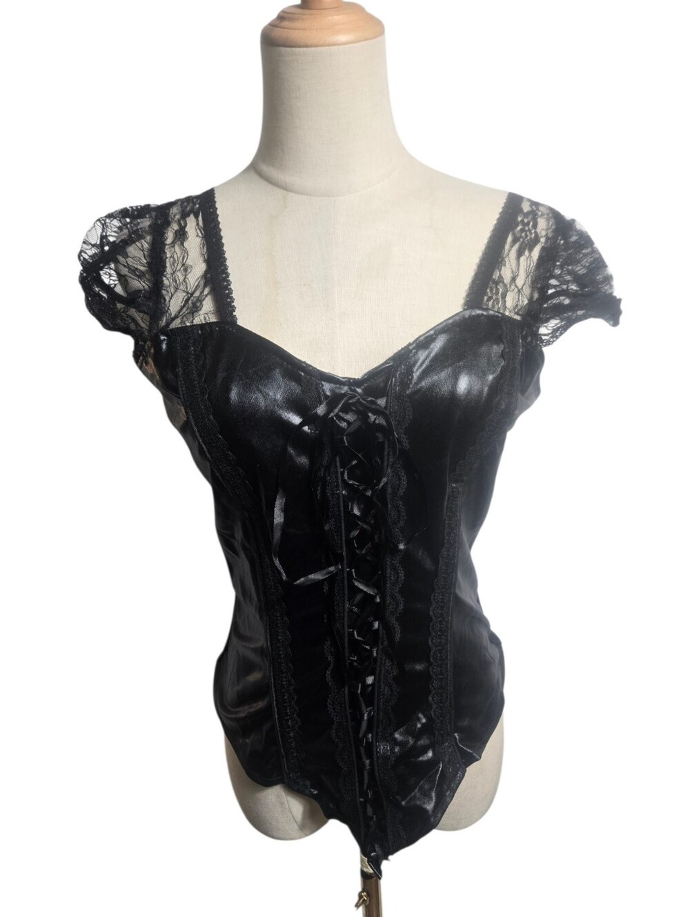 Black Lace-Up Faux Leather Corset Top with Lace Cap Sleeves